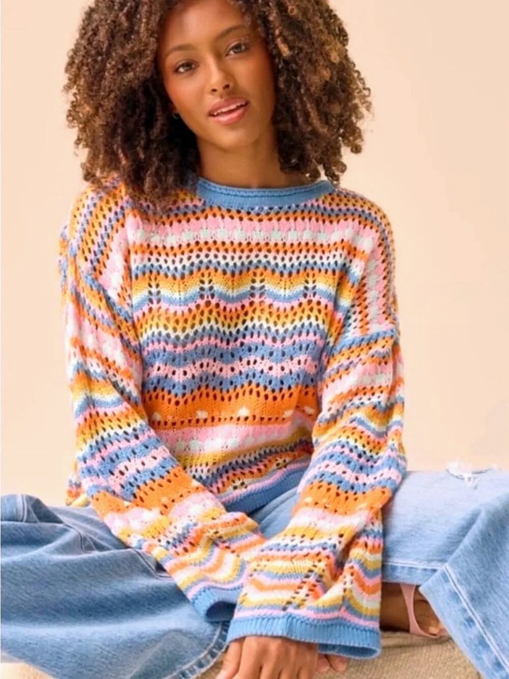 NWOT Altar'd State Multicolor Pastel Open-Knit Crewneck Sweater Size M